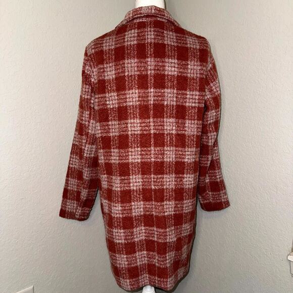 Old Navy Pea Coat Women’s Medium Red White Plaid Wool Blend Pockets Zip Front - Picture 3 of 10